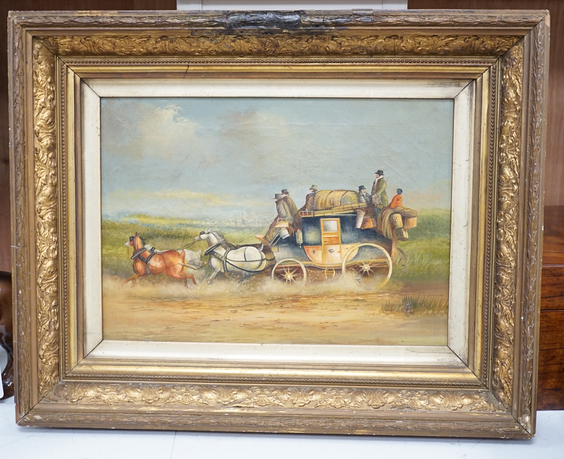 19th century naive oil on canvas, Coaching scene, 24 x 34cm, ornate gilt framed, canvas stamped verso. Condition - fair, some minor damages to the canvas